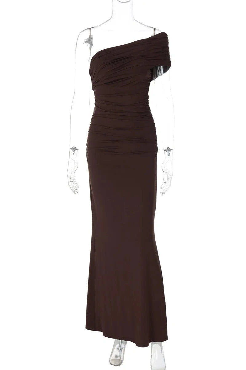 Glorol - Oblique Shoulder Split Sleeveless Slim Fit Maxi Dress