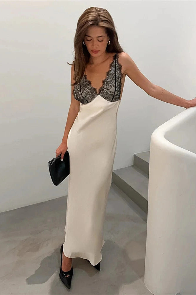 Glorol - Lace V-Neck Printed Patchwork Slim Maxi Dress