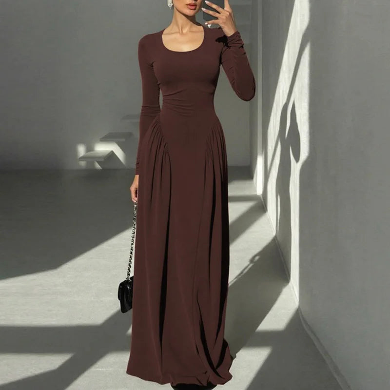 Glorol - Elegant Square Neck Patchwork Long Sleeve Maxi Dress