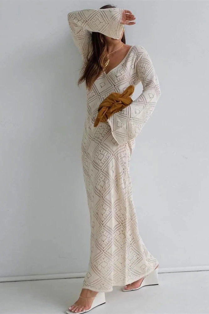 Glorol - See-Through Loose Flared Sleeve Backless V-Neck Maxi Dress
