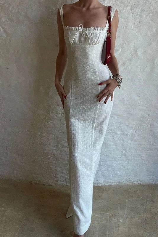 Hollow Out Lace Sleeveless Slim High Waist Pleated Maxi Dress