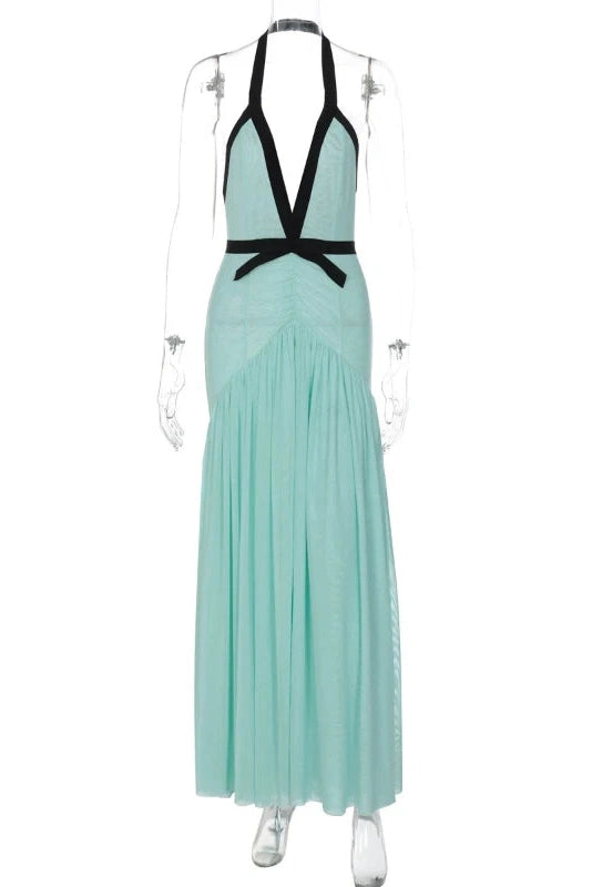 Glorol - Elegant Mesh Pleated Backless V-Neck Maxi Dress