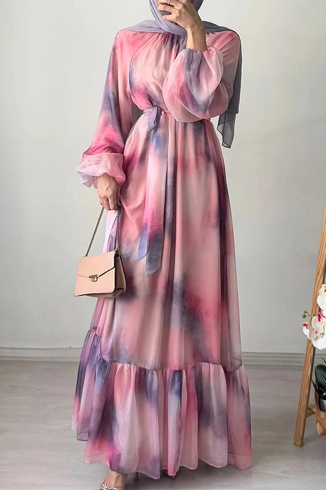 Glorol - Pleated O-Neck High Waist Lace Print Long Sleeve Maxi Dress