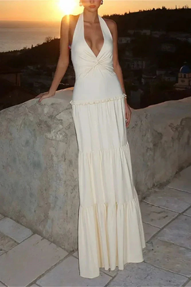V-Neck Lace-Up Patchwork Pleated Slim Maxi Dress