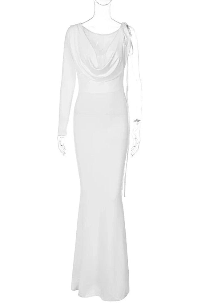 Glorol - Elegant V Neck One Sleeve Lace-up Backless Maxi Dress