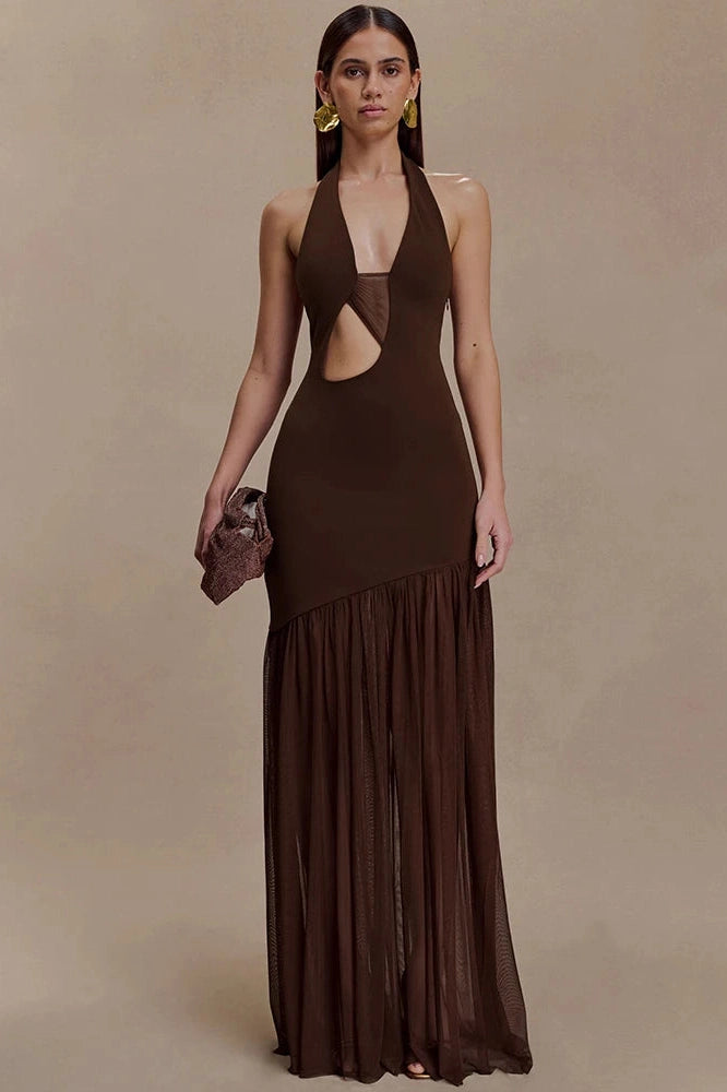 Glorol - Hollow Out Backless Patchwork V Neck Sleeveless Bodycon Maxi Dress