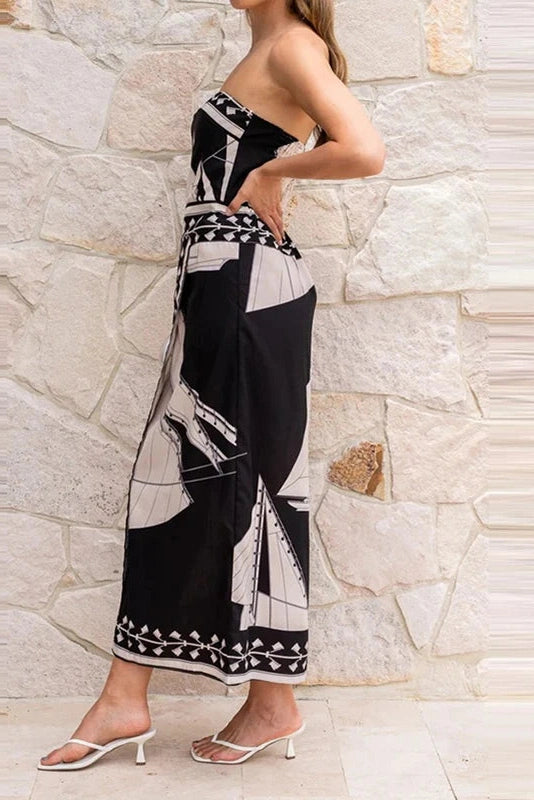 Glorol - Sleeveless Printed Off-Shoulder Irregular Midi Dress