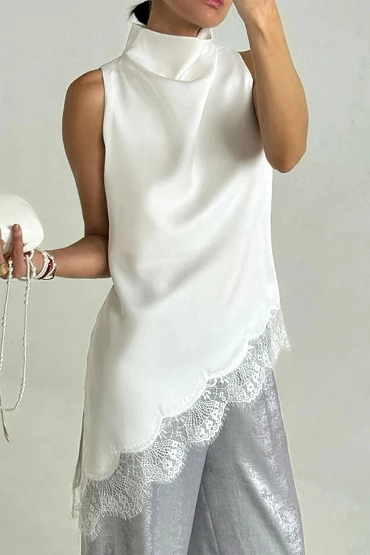 Glorol - Lace High-Neck Sleeveless Loose Irregular Top