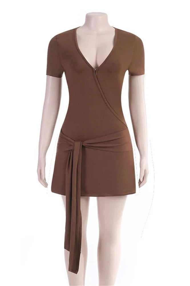 Glorol - Lace-Up V-Neck Short Sleeve Loose Patchwork Mini Dress