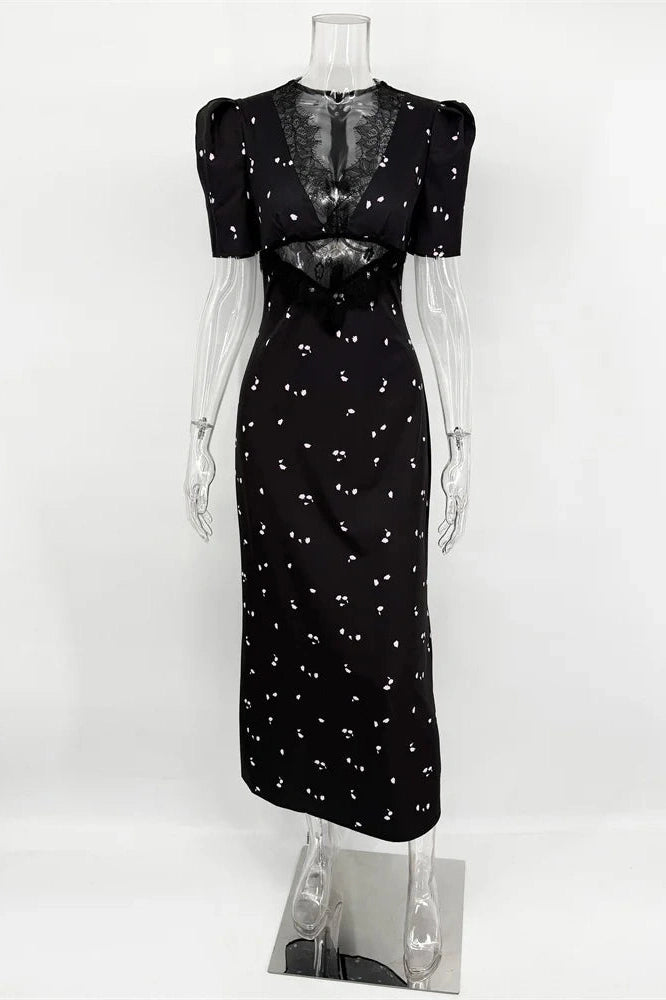 Glorol - Hollow Out V-Neck Lace Short Sleeve Patchwork Maxi Dress
