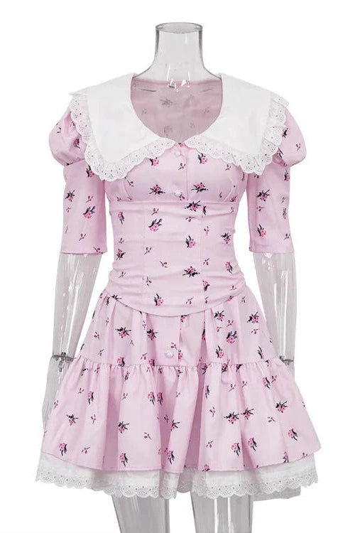 Glorol - Elegant Lace-Up Slim Lace Short Sleeve Mini Dress