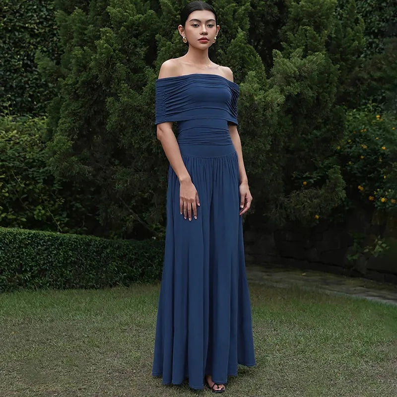 Glorol - Off Shoulder Patchwork Sleeveless Slit Slim Maxi Dress