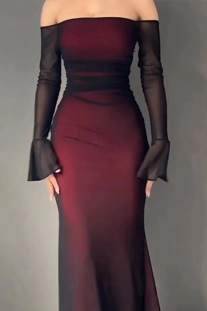 Glorol - Printed Slim Long Sleeve Off Shoulder High Waist Maxi Dress