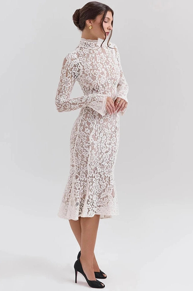 Glorol - Lace Long Sleeve High Waist Bodycon Midi Dress