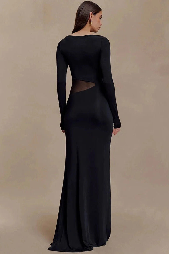 Glorol - Hollow Out Long Sleeve O Neck High Split Bodycon Maxi Dress