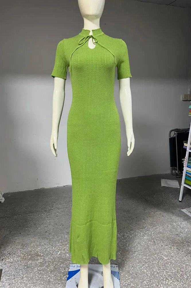 Glorol - Hollow Out Lace-Up Short Sleeve Patchwork High Waist Maxi Dress