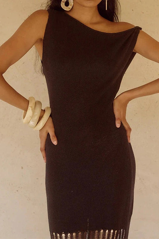 Glorol - Knitted Slash Collar High Waist Slim Maxi Dress