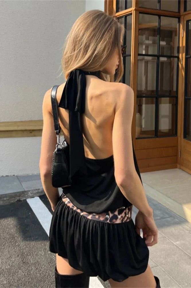 Glorol - Backless High Waist Off-Shoulder Patchwork Mini Dress