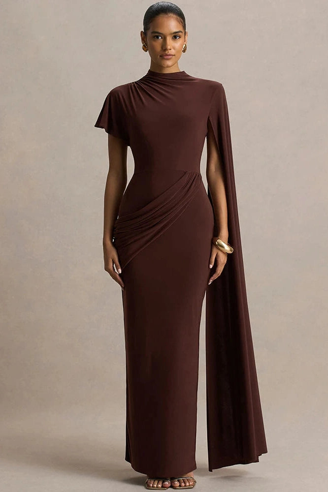 Glorol - One Cape Sleeve O Neck High Collar High Waist Maxi Dress