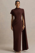 Glorol - One Cape Sleeve O Neck High Collar High Waist Maxi Dress