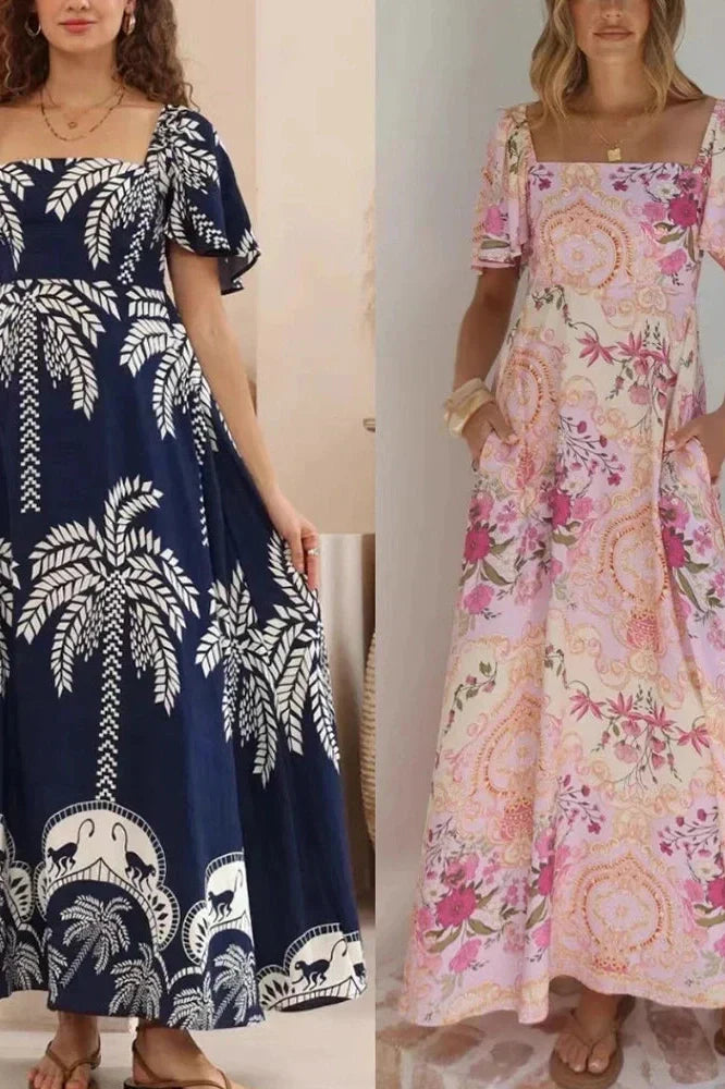 Square Collar Backless High Waist Pleated Printed Maxi Dress