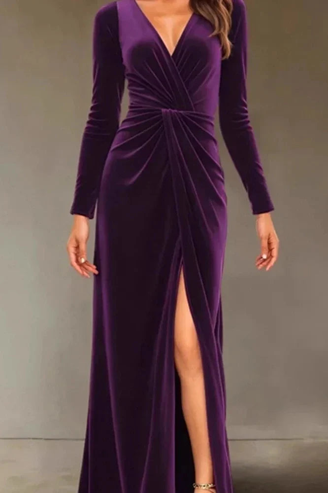V-Neck Slim High Waist Pleated A-Line Maxi Dress