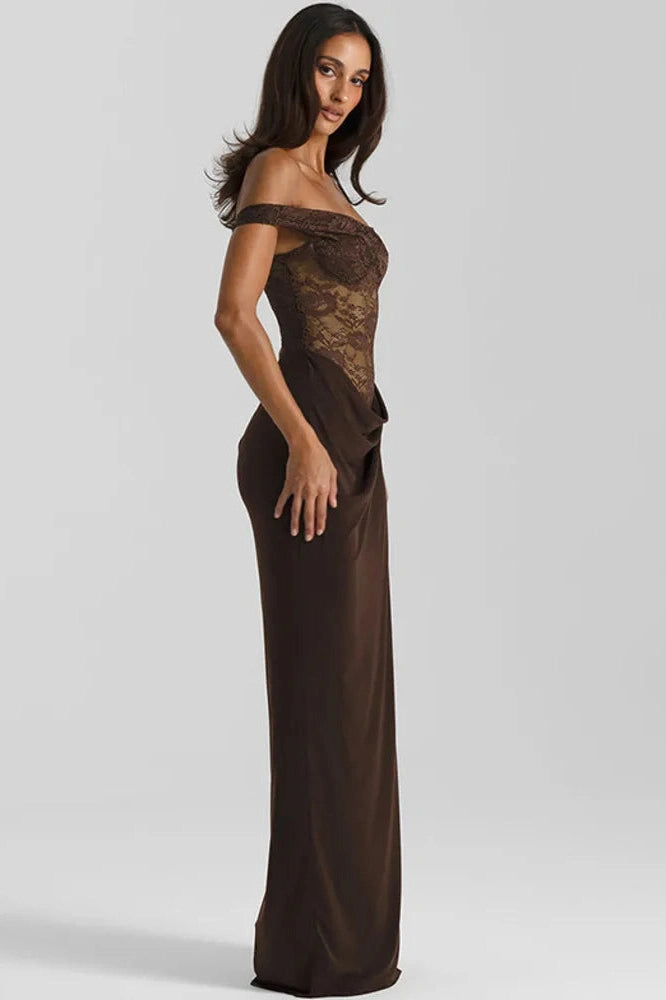 Glorol - Off-Shoulder Lace See Through Sleeveless Backless Maxi Dress