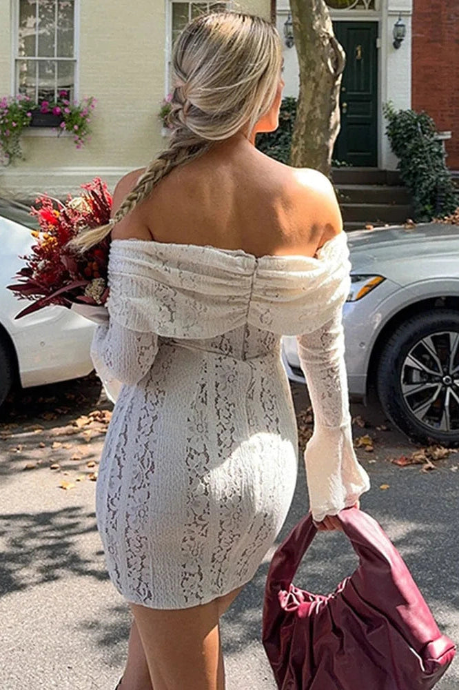 Glorol - Lace Hollow Out Slim Off-Shoulder Long Sleeve Bodycon Mini Dress
