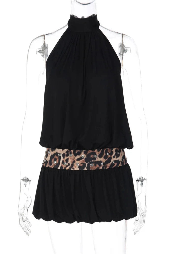 Glorol - Backless High Waist Off-Shoulder Patchwork Mini Dress