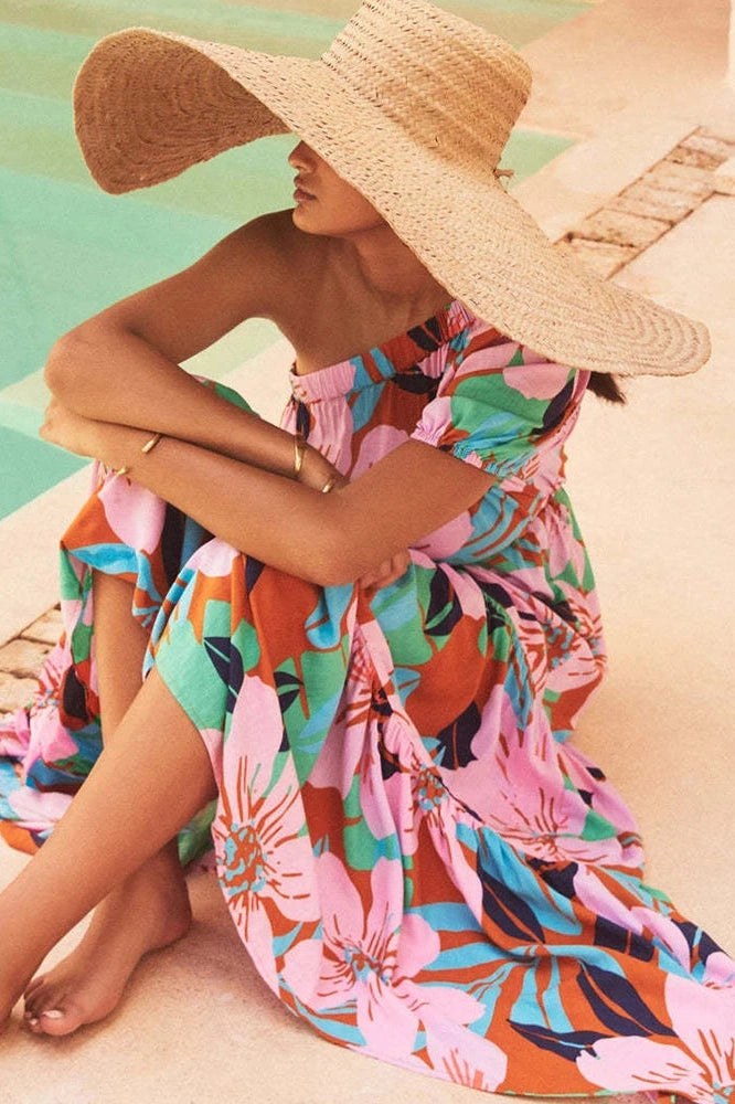 Glorol - Printed High Waist Pleated One-Shoulder Sleeve Maxi Dress