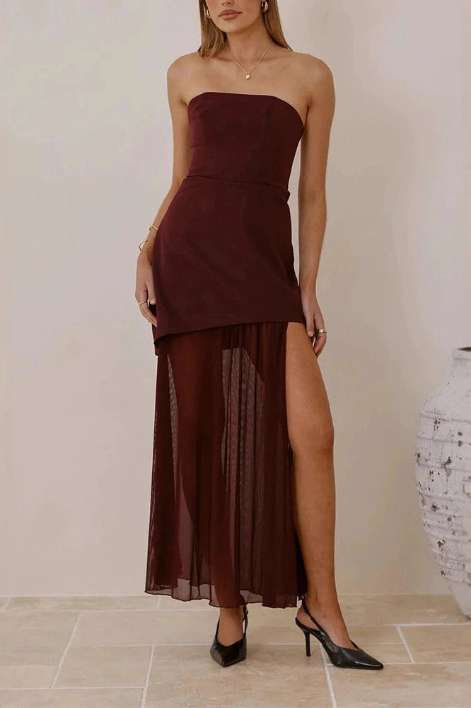 Glorol - Off Shoulder High Waist Slim Sleeveless Pleated Maxi Dress