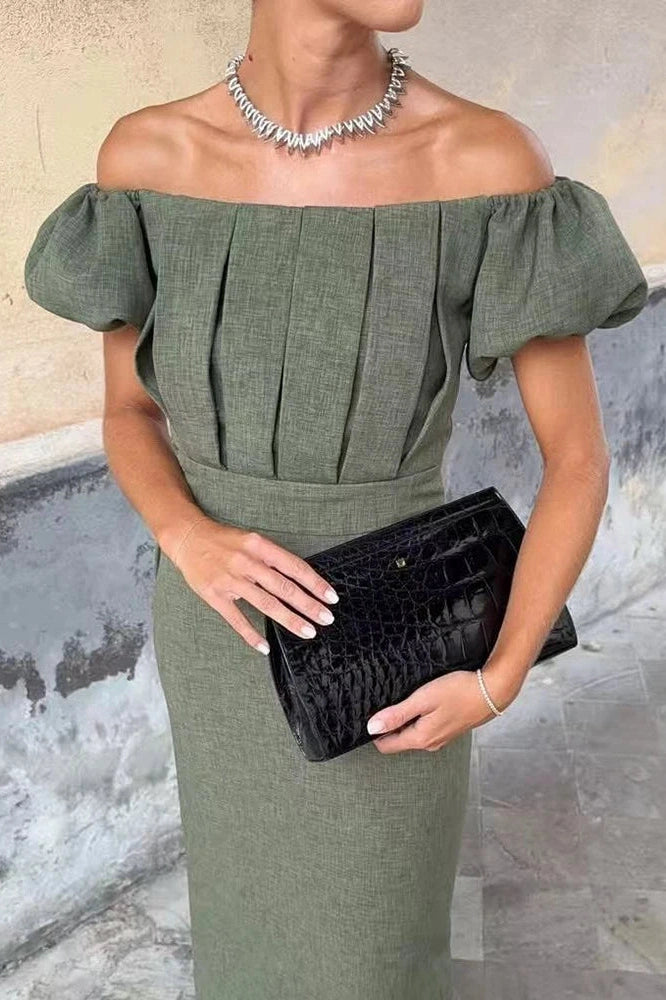 Glorol - Elegant Slim High Waist Off-Shoulder Puff Sleeve Maxi Dress