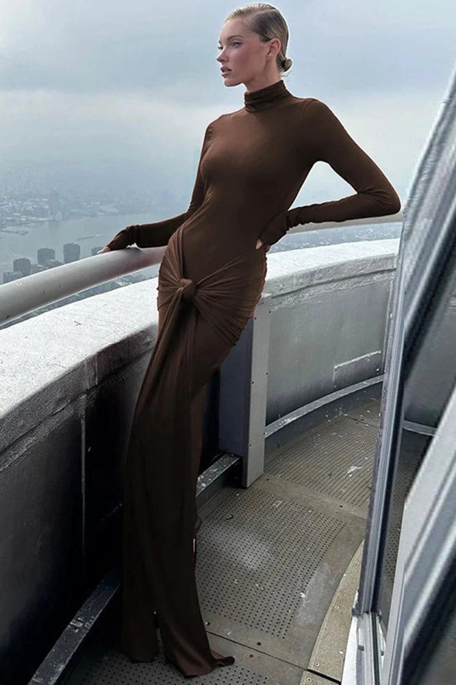 Glorol - Elegant Turtleneck Long Sleeve Bodycon Maxi Dress