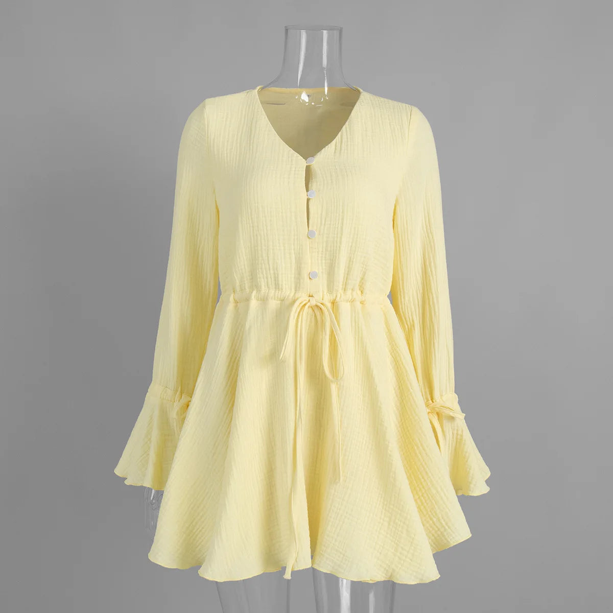 Glorol - Long Sleeve Lace High Waist V-Neck Loose Mini Dress