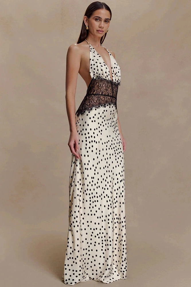 Glorol - Polka Dot Backless Patchwork Lace Deep V Neck Sleeveless Bodycon Maxi Dress