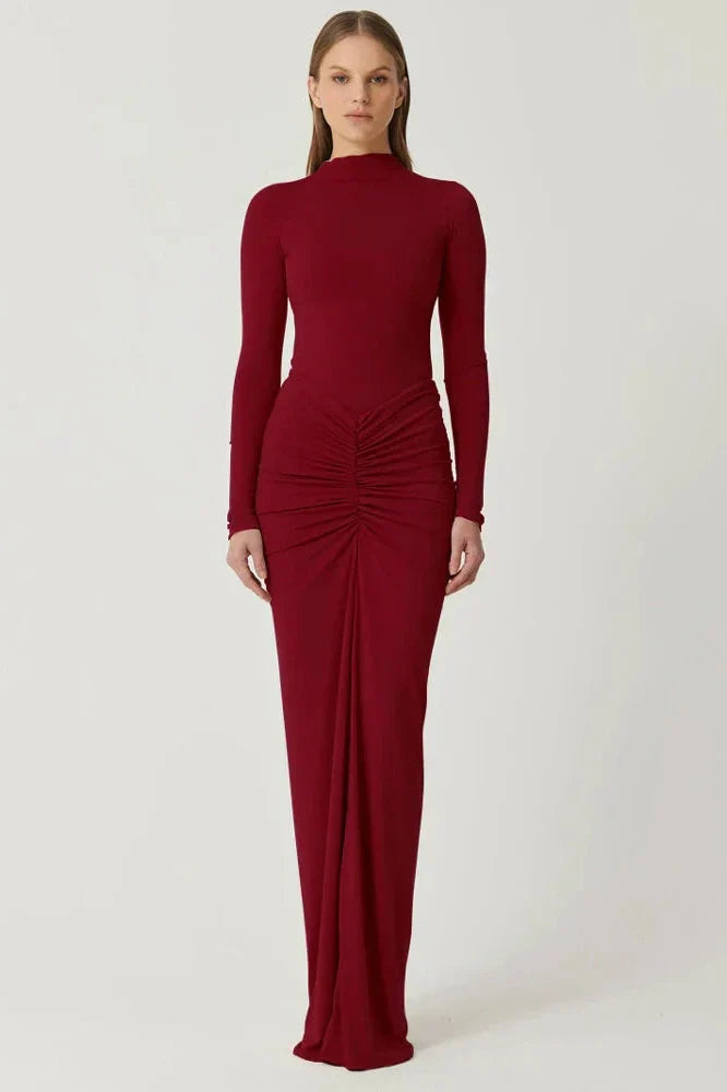 Pleated Patchwork High Waist Long Sleeve Slim Maxi Dress