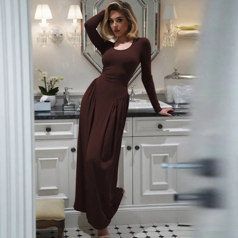 Glorol - Elegant Square Neck Patchwork Long Sleeve Maxi Dress