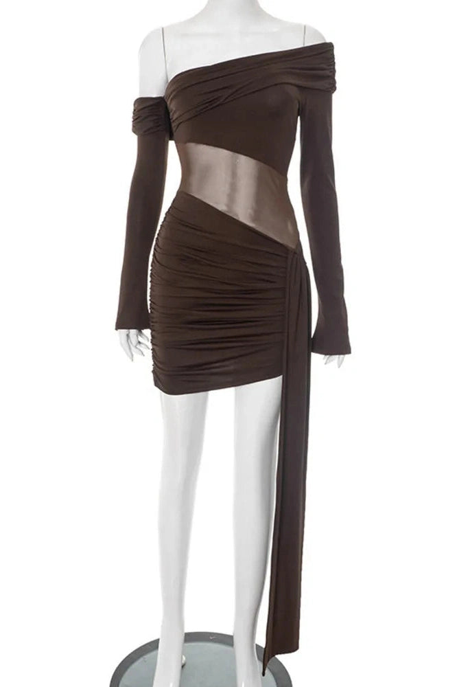 Glorol - Off-Shoulder Long Sleeve See Through Strapless Backless Mini Dress
