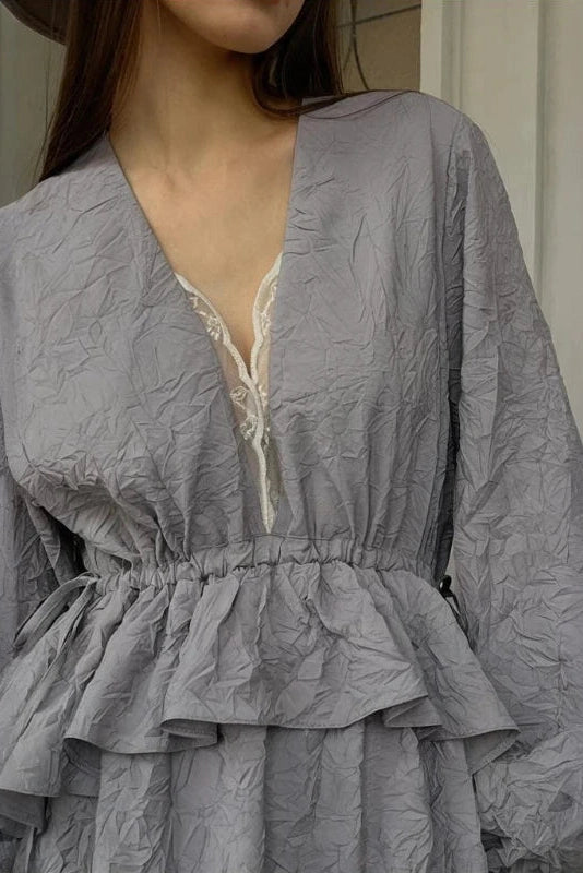Glorol - Lantern Sleeves Lace V-Neck Midi Dress