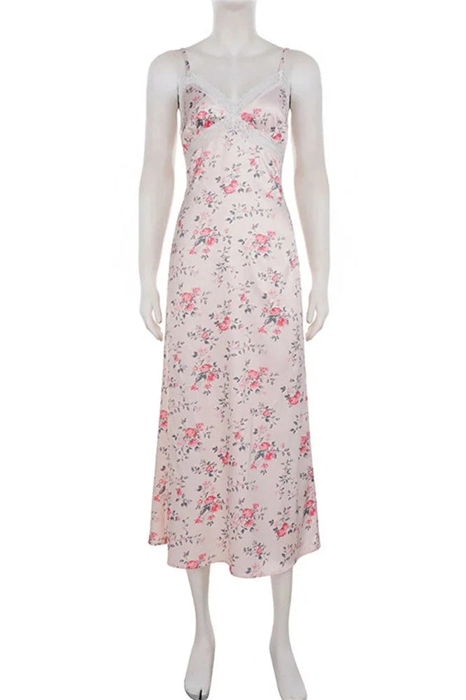 Glorol - Lace Printed Backless High Waist Slim V-Neck Maxi Dress