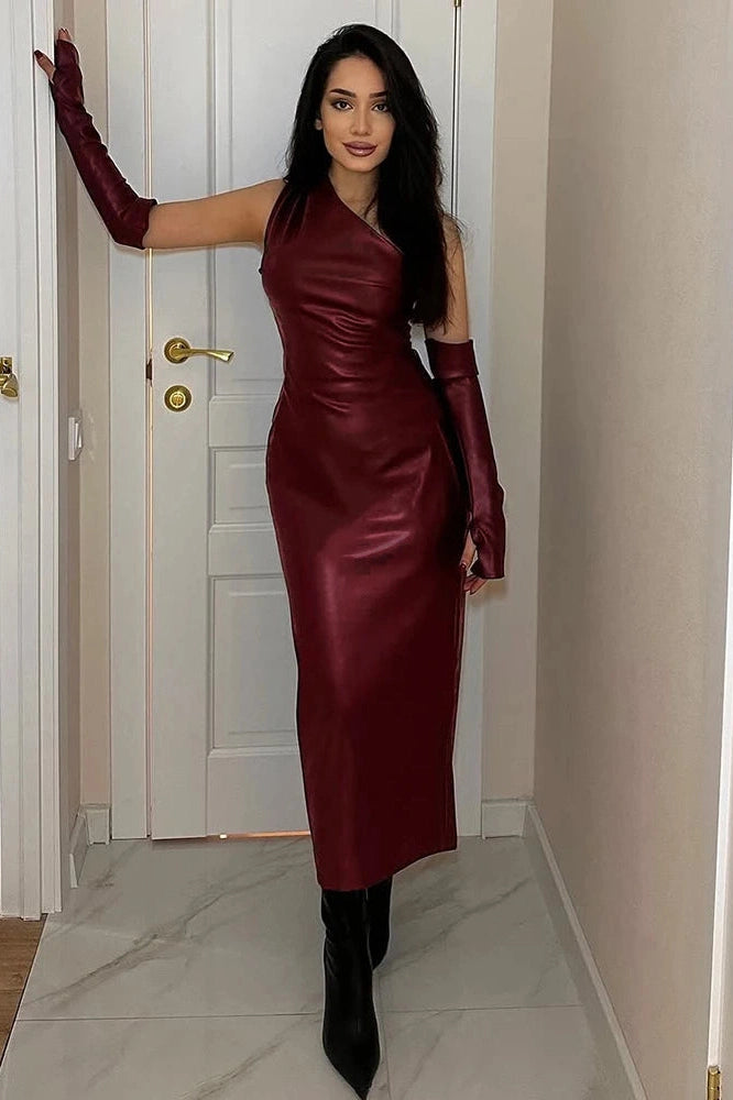 Glorol - Elegant PU Leather Slim Backless Irregular Midi Dress