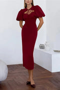 Glorol - Lace-Up Slim Short Sleeve High Waist Patchwork Midi Dress
