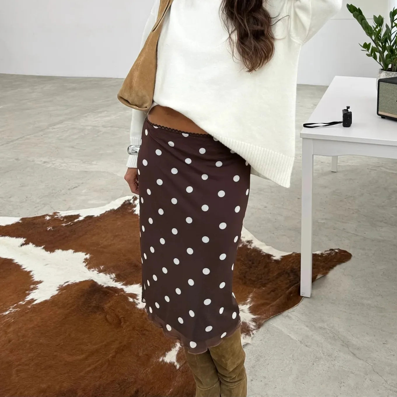 Glorol - Polka Dot Print Low Waist Skirt