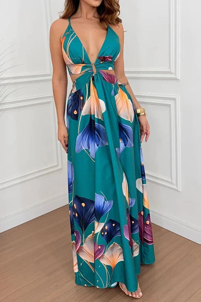 Glorol - Hollow Out V-Neck Sleeveless Backless Pleated Printed Maxi Dress