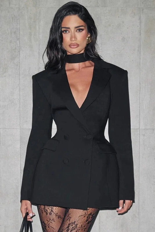 Glorol - Elegant Slim Double Breasted Pockets Mini Dress