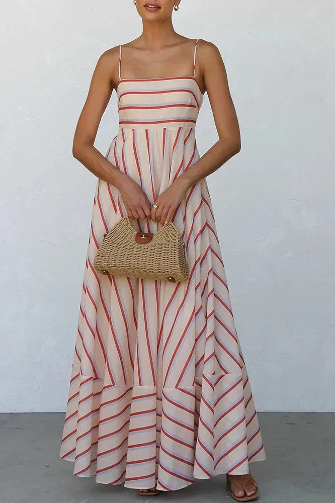 Stripe Printed Sleeveless Pleated High Waist Maxi Dress