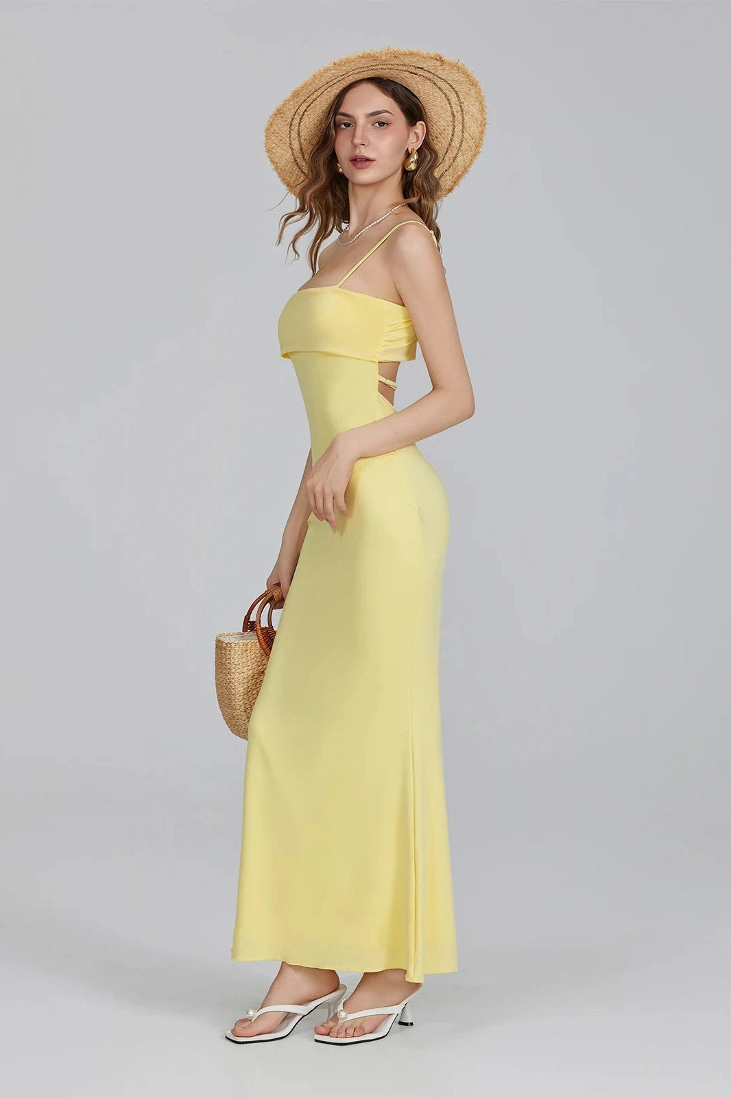 Glorol - Square Neck Spaghetti Strap Slim Fit Maxi Dress