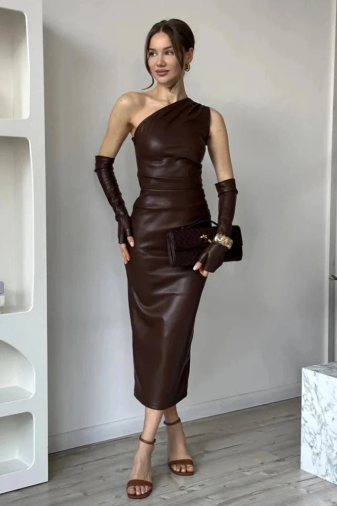 Glorol - Elegant PU Leather Slim Backless Irregular Midi Dress