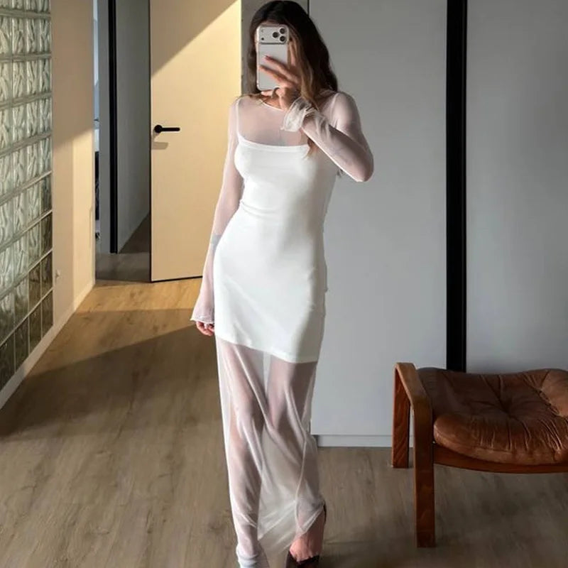Glorol - Elegant See Through Patchwork High Waist Maxi Dress