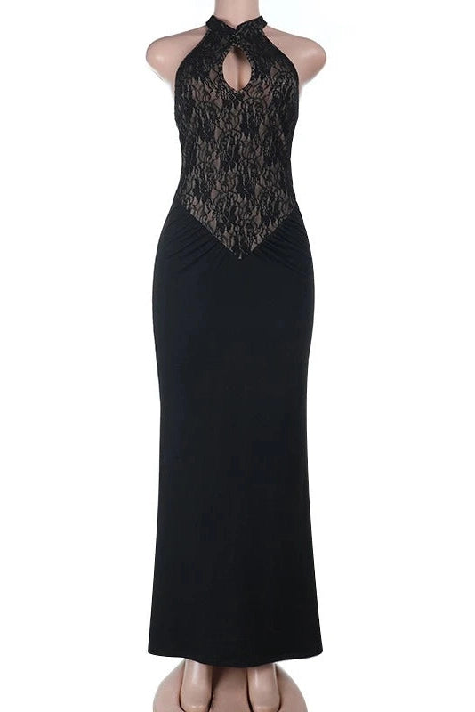 Glorol - Hollow Out Lace Patchwork Slim High-Waisted Maxi Dress